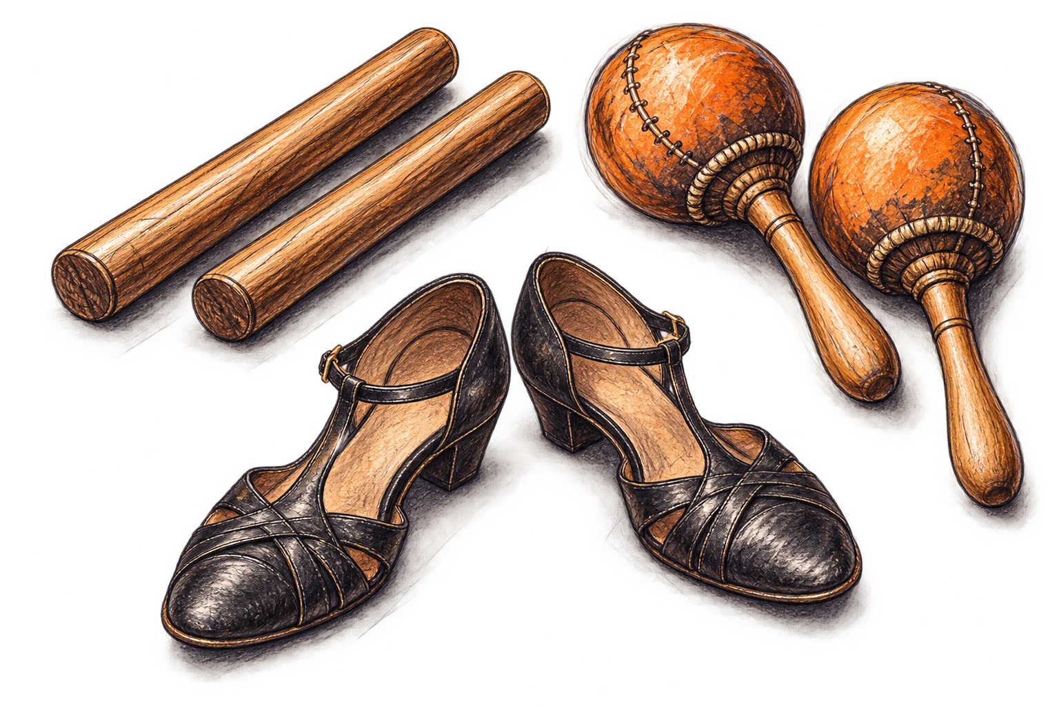 Desenho a lápis de claves de madeira, maracas e sapatos de dança.