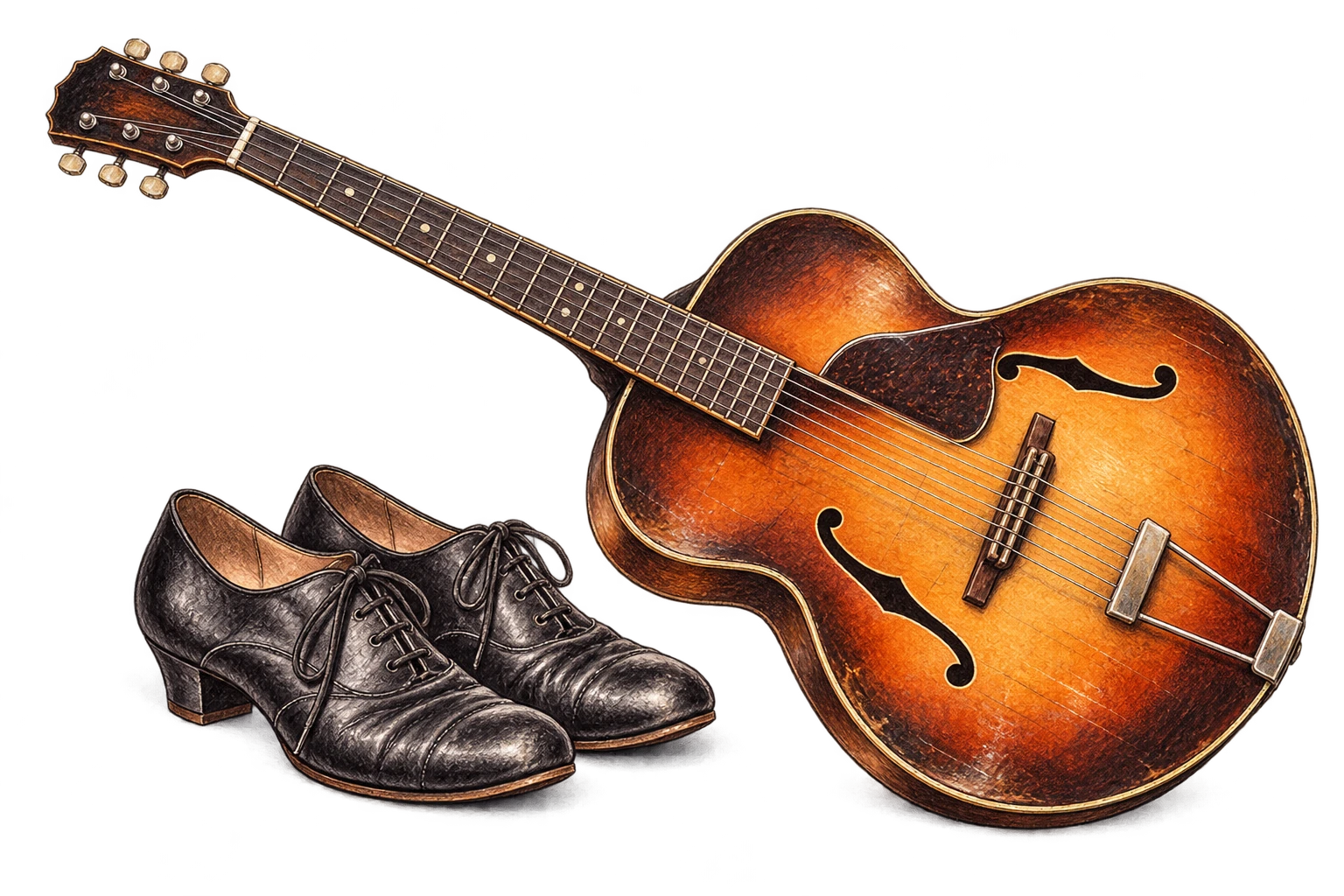 Estudo a lápis de uma guitarra e sapatos de dança em pele.