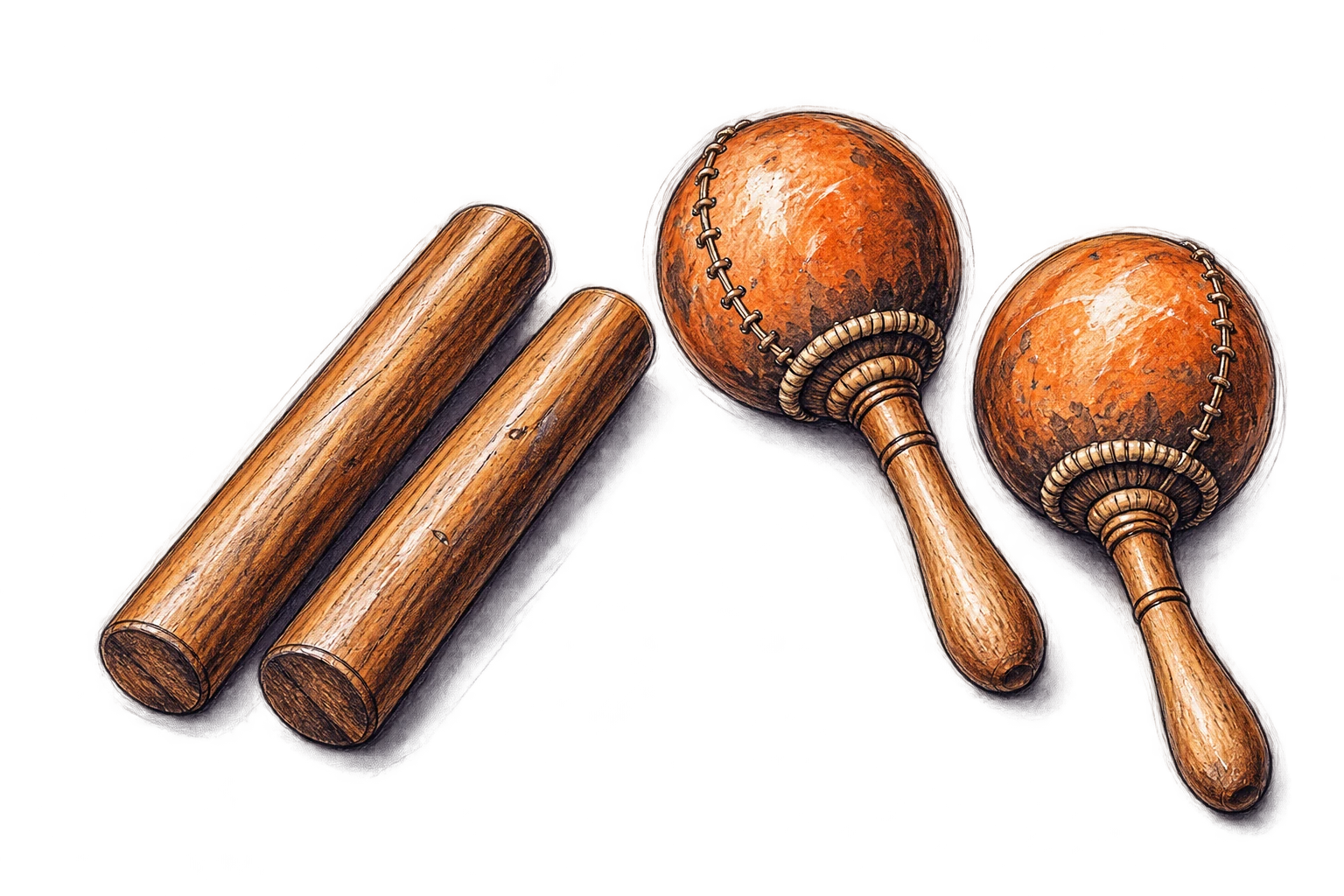 Estudo a lápis de claves de madeira e maracas.