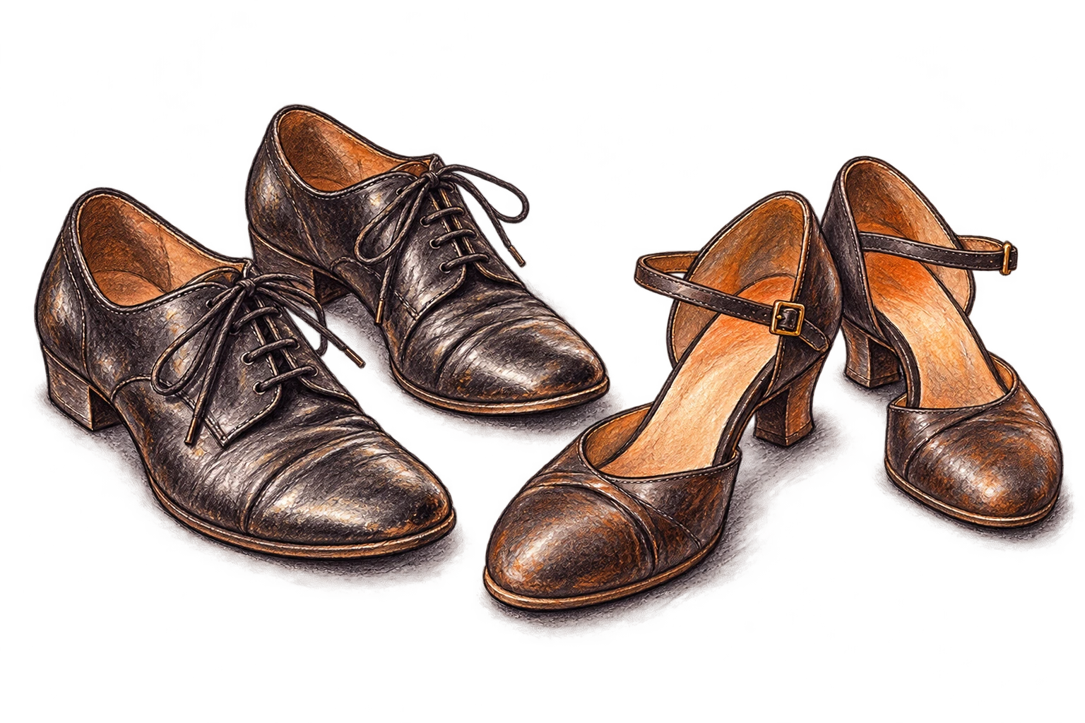 Estudo a lápis de dois pares de sapatos confortáveis para dançar.